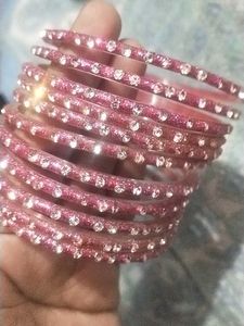 Sparkling Pink Glass Bangle Set (Set Of 11)