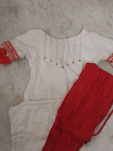White & Red Cotton Kurta Set