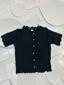 Black Ruffle Trim Button-Up Top