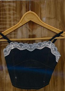 Lace-Trimmed Denim Crop Top