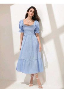 With Tag Blue Puff Sleeve Midi Dress