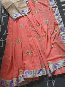 Coral Peach Saree With Blouse Piece