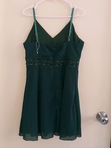 Green Noodle Strip Skater Dress Lace On Waist