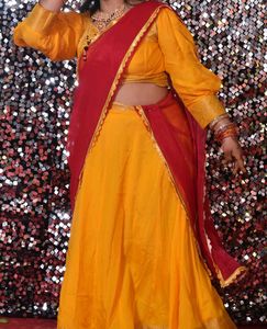 Aakarshna Handmade Crepe Lehenga set| Yellow &amp; Pin