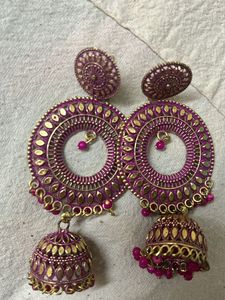 magenta/pink golden Jhumka Earrings