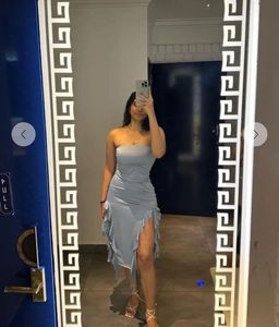 Newme Blue Ruffle Slit Dress
