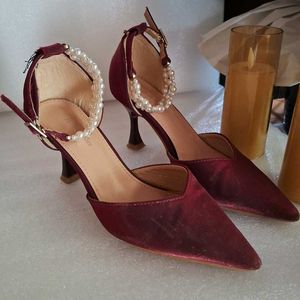 Burgundy Heels with Pearl Ankle Strap