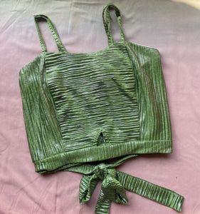 Green Crinkle Tie Crop Top