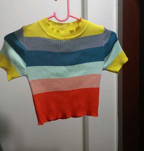 Colorful Ribbed Knit Crop top Striped Short Sleeve