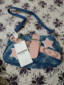 Savana Denim Studded Shoulder Bag