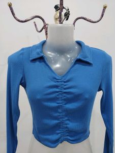 Blue Ruched Front Crop Top
