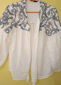 Zara Embroidered Cotton Blue White Kimono Jacket