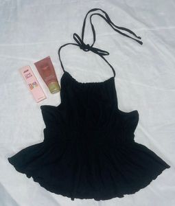 Black StripedShoulder Straps Neck Peplum Top🖤