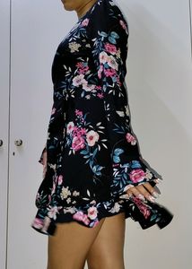 Black Flower Print Wrap Around Dress