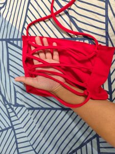 Red Backless Top With Mini Skirt Shorts Attatched