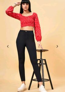 Red Crop Top & Black Jeans Set