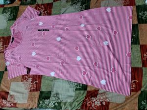 Pink Striped Heart Print Night Dress