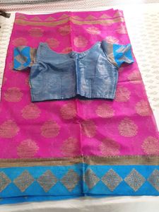 Pink And Blue Beautiful Fancy Saree