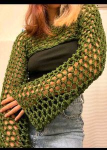 Green Handmade Crochet Shrug Sleeves Y2K Korean