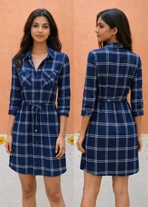 L.O.V. Navy Blue Plaid Shirt Dress