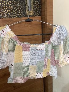 Patchwork Puff Sleeve Crop Top