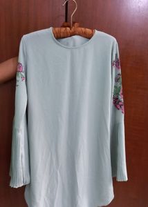 Turquoise Knee Length Dress With Flared Sleeves