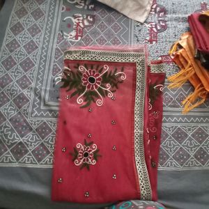 Beautiful Red Colour Net Saree With Embroidery