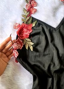 Floral Embroidered Top &amp; Denim Skirt Set