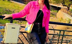 Pink cropped denim jacket