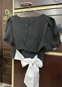 Black Square Neck Puff Sleeve With Top Back Knot