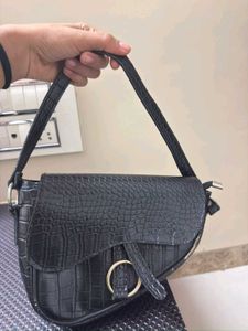 Black Croc Embossed Saddle Bag