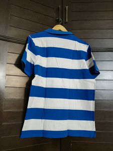 Men Blue White Striped Cotton Tshirt