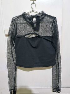 Korean Black Fishnet Long Sleeve Top