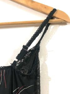 Black Flower Printed Nighty With Straps