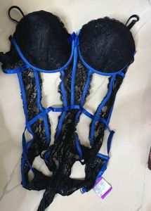 Black Lace Lingerie with Blue Accent