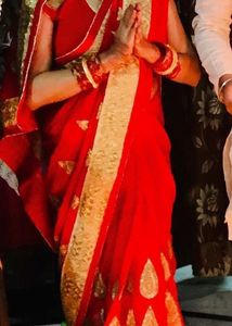 Bridal red saree With Stitched Blouse
