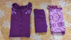 Wine Colour Floral Cut Neck Kurta Set