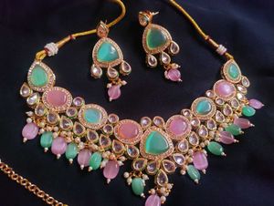 Mint &amp; Rose Quartz Kundan Jewelry Set