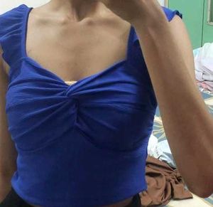 Blue Ruffle Sleeve Crop Top