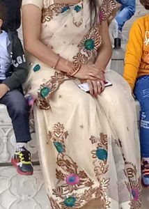 Elegant Cream Colour Embroidery Saree