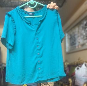 Allen Solly Cyan Blue Ruffled Flowy Fabric Top
