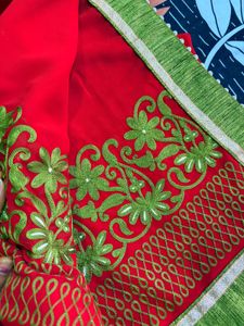 Red &amp; Green Embroidered Saree