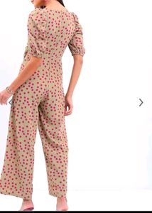 Beige Jumpsuit With Pink Polka Dots
