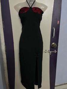 Corset Black Halter Dress with Red Detail