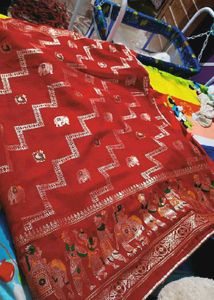 New Zari Red Saree with attached blouse piece