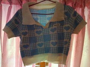 Blue Plaid Heart Knit Crop Top