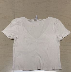 White Ribbed V-Neck Crop Top