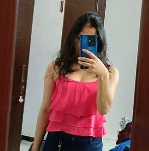 Women Pink Layered Strappy Neck Tie Crop Top