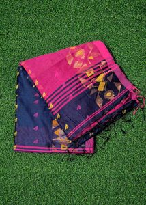 Handloom Jamdani Saree - Navy Blue & Pink