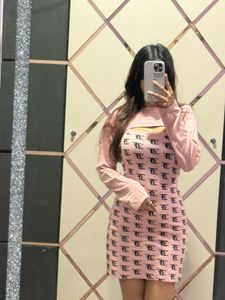 Pink Patterned Ribbed Mini Dress